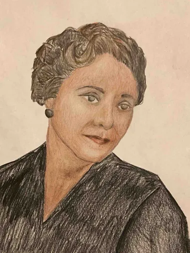 Florence Price in colored pencil, in a dark dress with a round earring